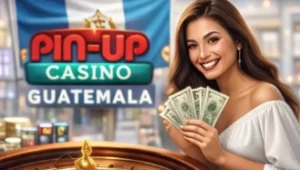 Pareja celebrando premio en Pin-Up Casino Guatemala con tragamonedas 777 y ganancias en efectivo en Guatemala